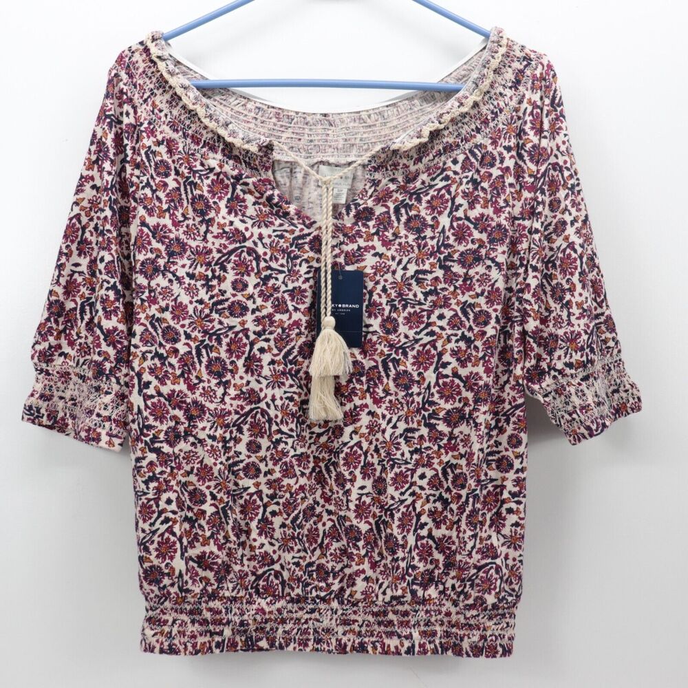 Lucky Brand Smocked Shirt Womens Size Small Petite Short Sleeve Tassels NWT